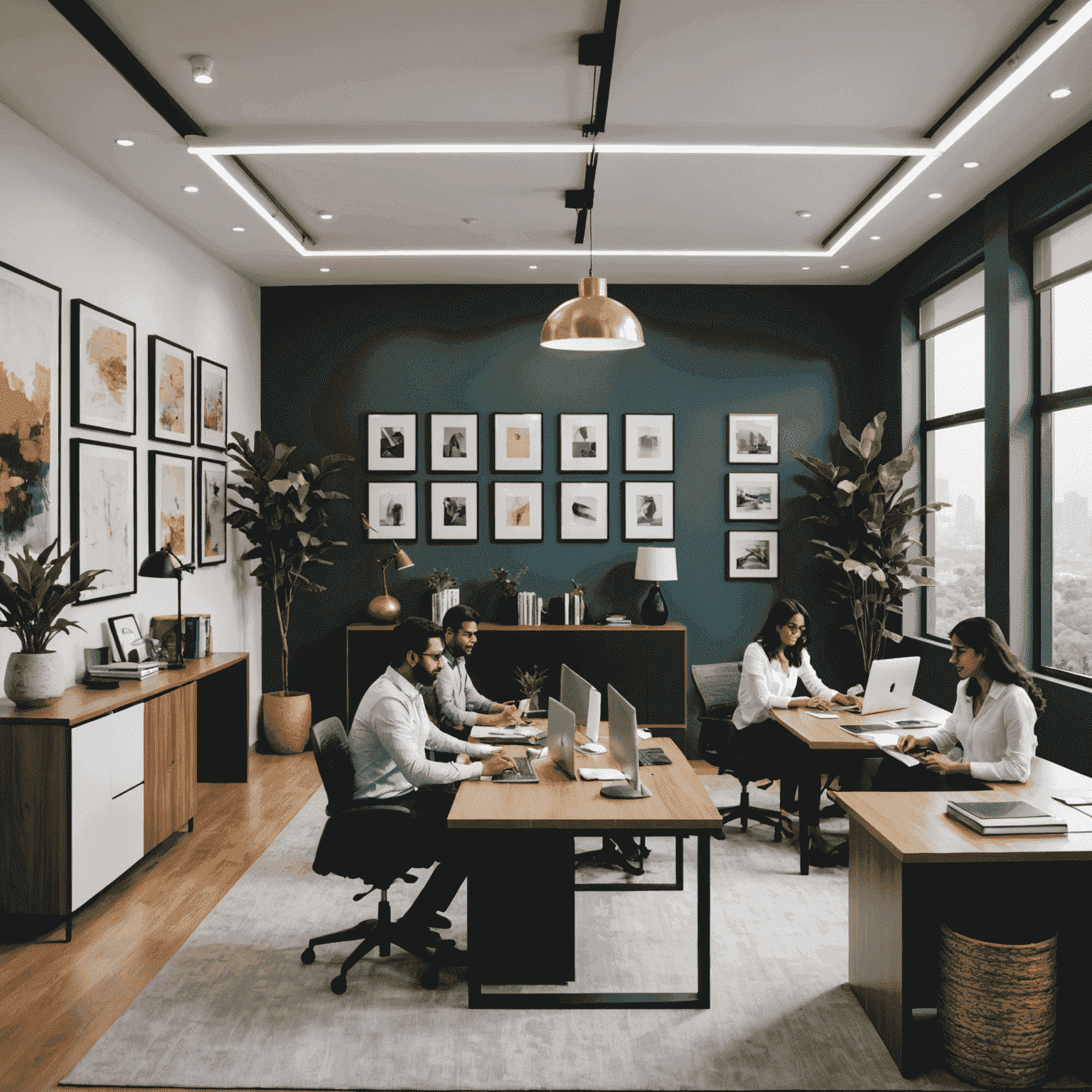 The betropolisx_com team in their India office, a diverse group of professionals collaborating in a modern, open workspace with elegant decor reflecting the website's sophisticated style