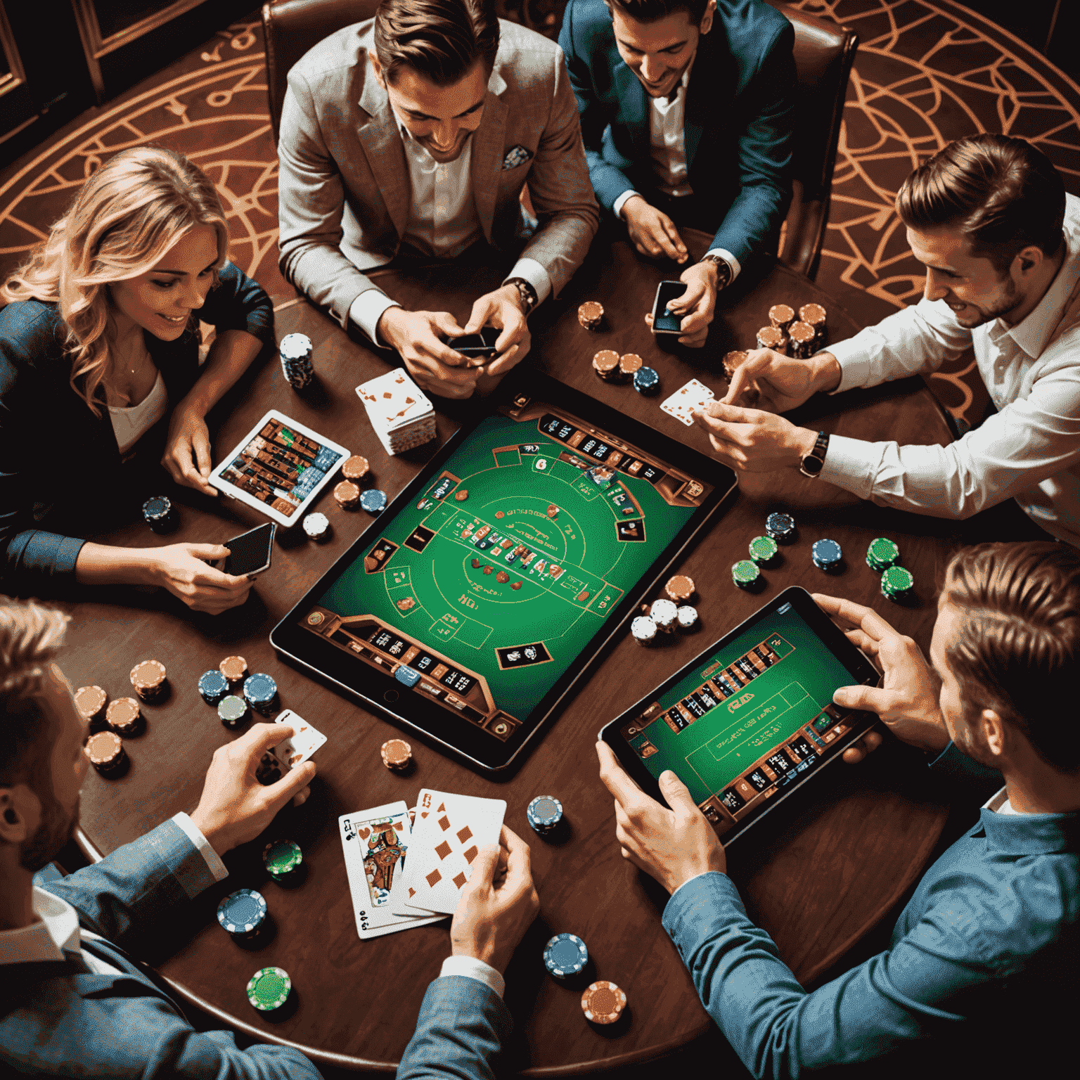 A group of people enjoying social casino games on their smartphones and tablets, with virtual chips and cards floating around them, emphasizing the fun and social aspect of these games.