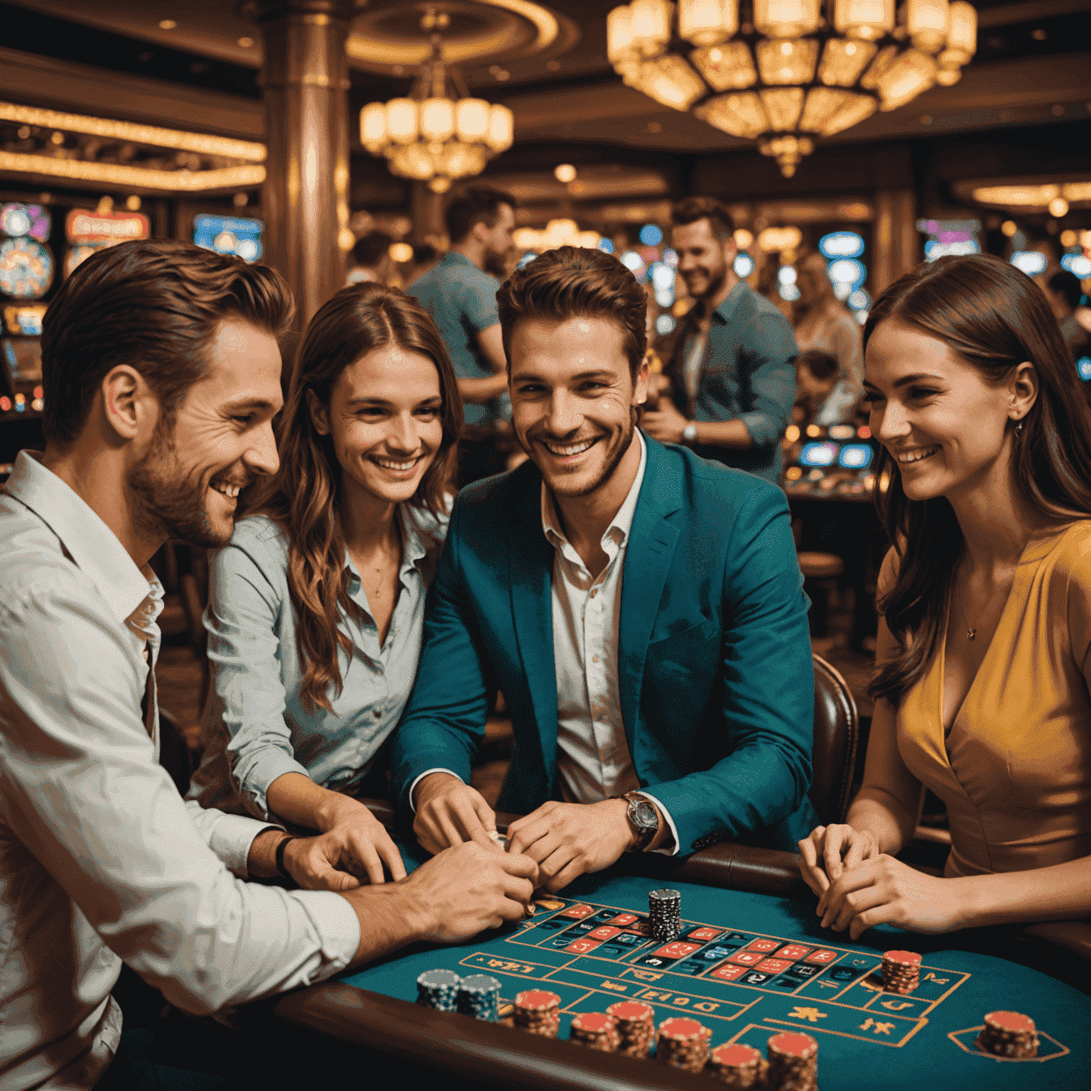 A group of people enjoying social casino games on their devices, smiling and interacting in a virtual environment