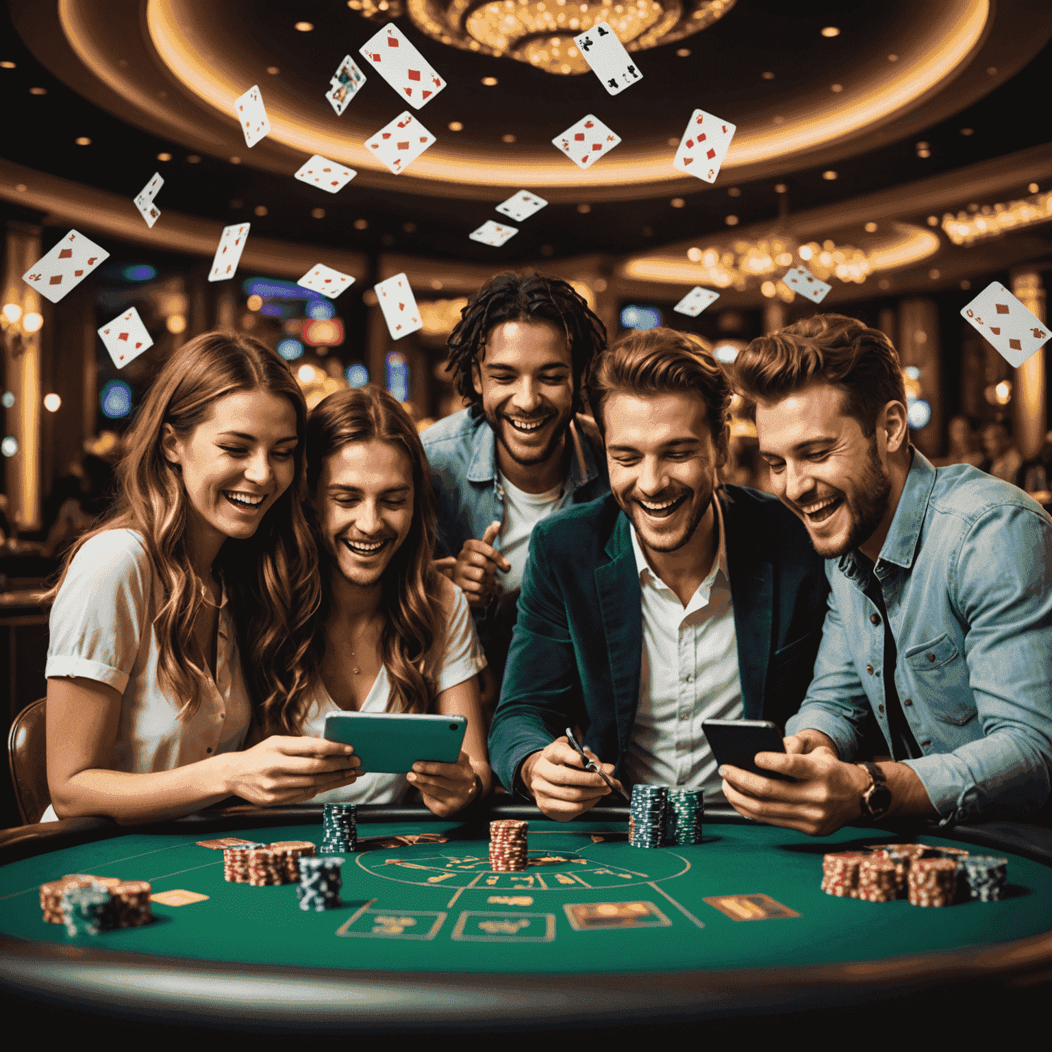 A group of friends laughing and enjoying social casino games on their smartphones and tablets, surrounded by virtual chips and cards floating in the air, symbolizing the fun and risk-free nature of social casino gaming