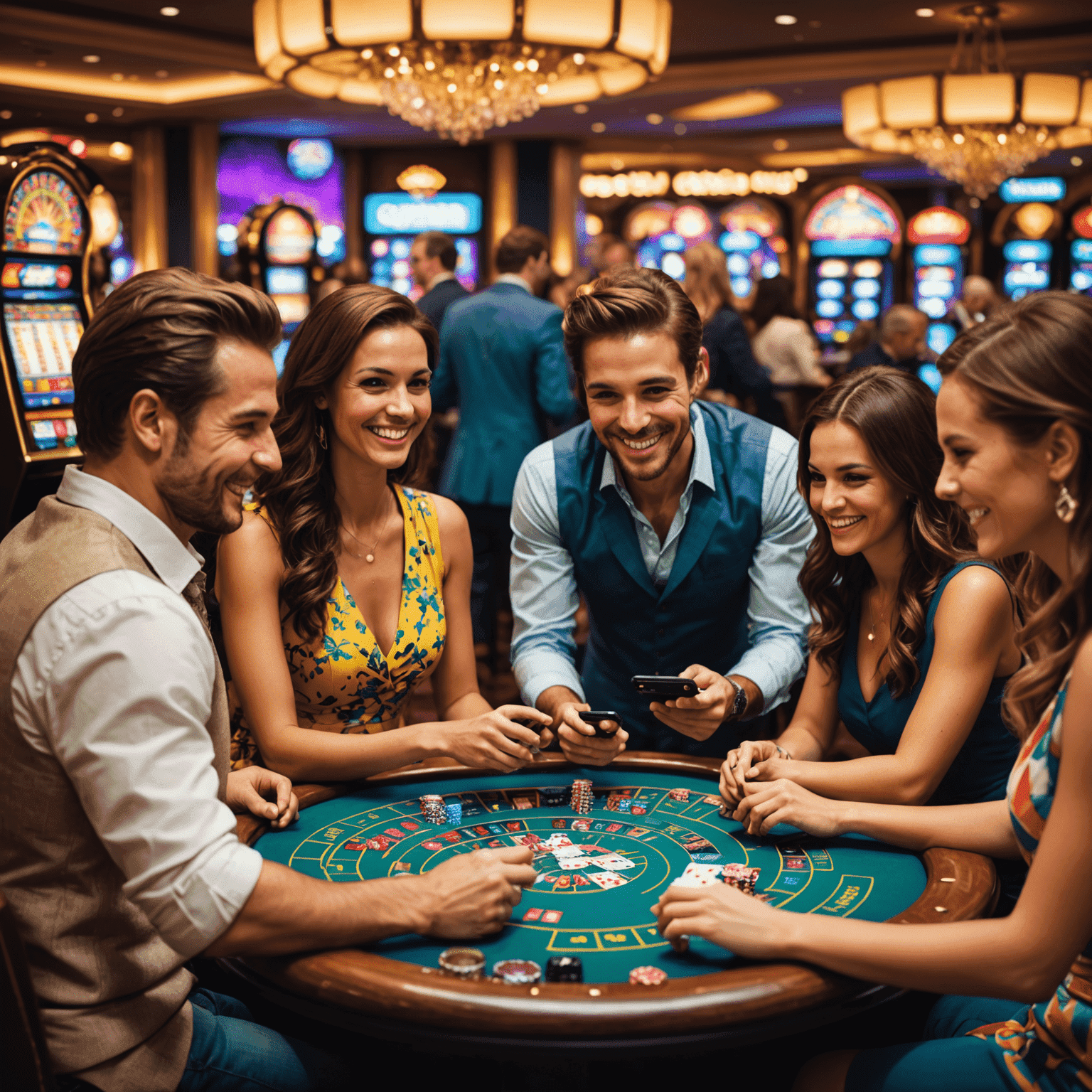 A group of diverse people interacting with mobile devices, smiling and engaging with social casino games. The image showcases a vibrant, colorful interface of a social casino platform on their screens.