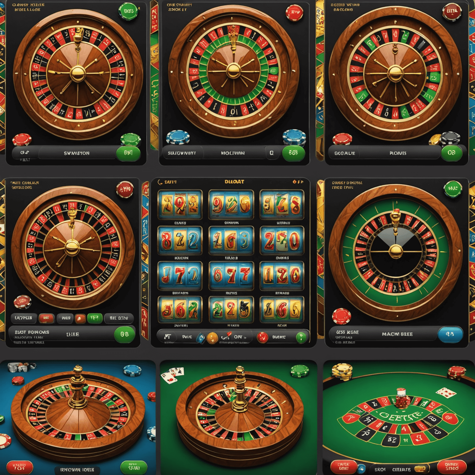 A collage of five popular social casino game interfaces, showcasing slot machines, poker tables, and roulette wheels, with vibrant colors and engaging graphics.