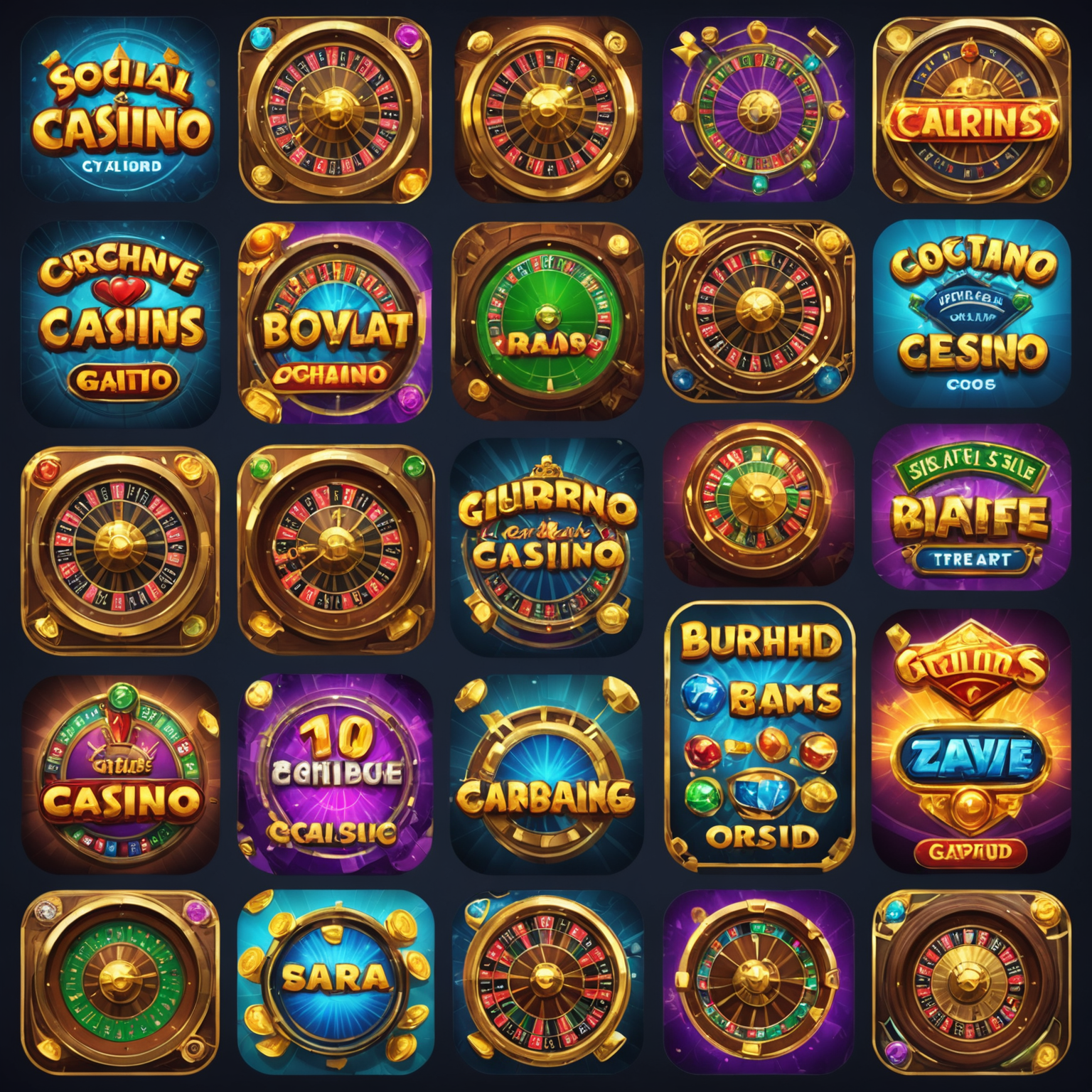 Collage of 5 popular social casino game interfaces, showcasing vibrant graphics and engaging gameplay elements