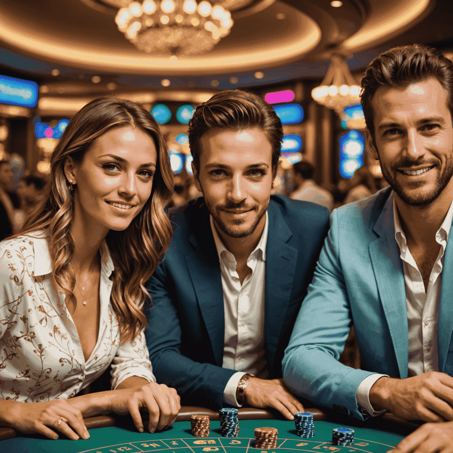 A split-screen image comparing social casino gaming (left) with people having fun and no money symbols, to real money gambling (right) with serious faces and money symbols, highlighting the no-stakes nature of social casinos.