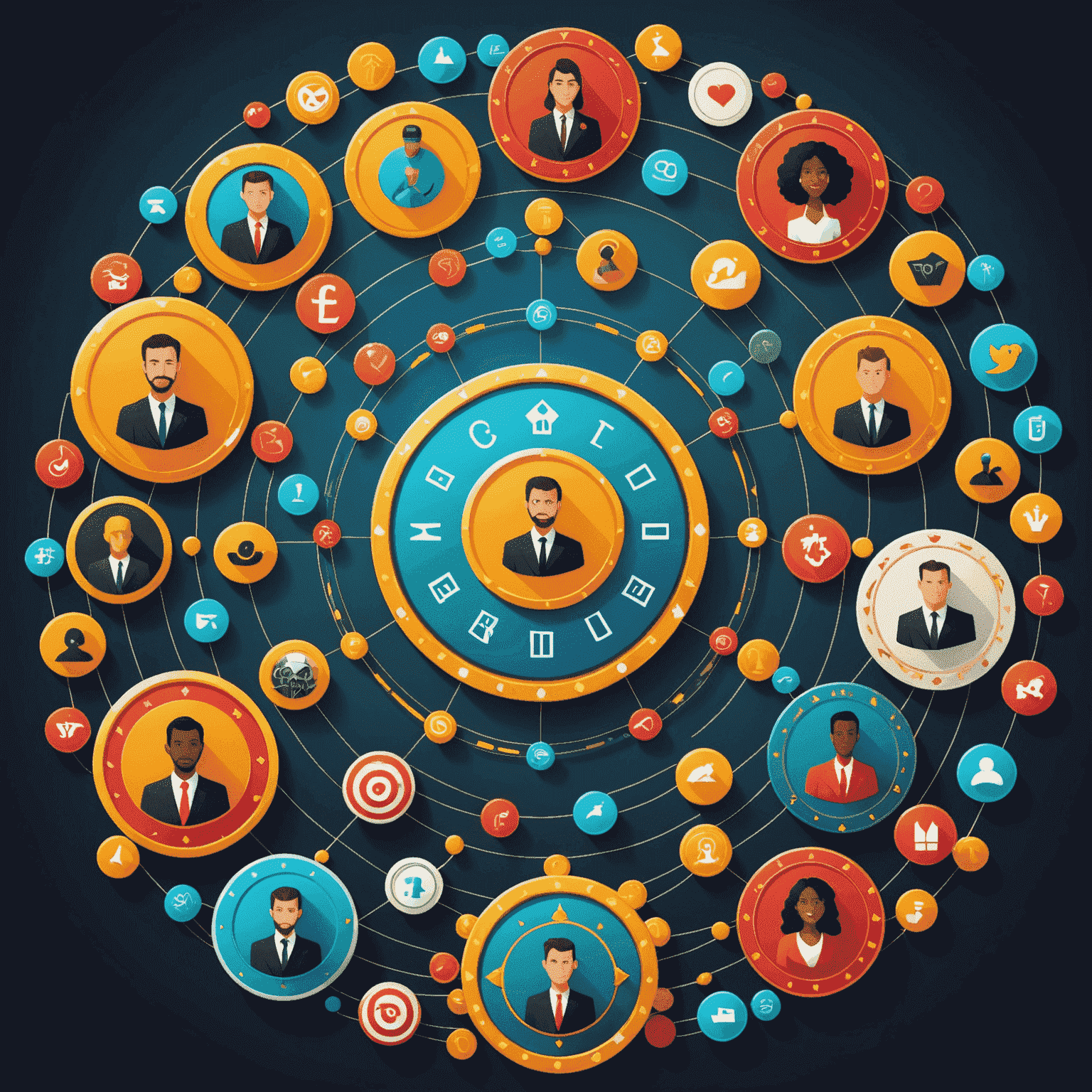 Illustration of diverse people connected through social media icons and casino game symbols, representing a vibrant online gaming community